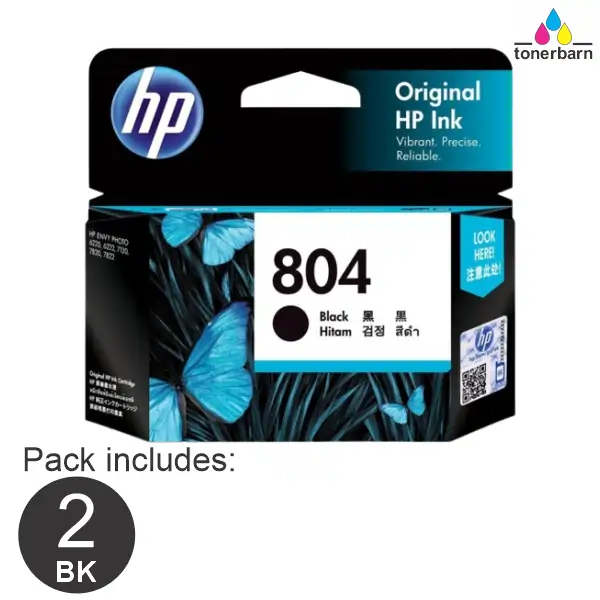 2 x HP #804 Black Ink Cartridge T6N10AA