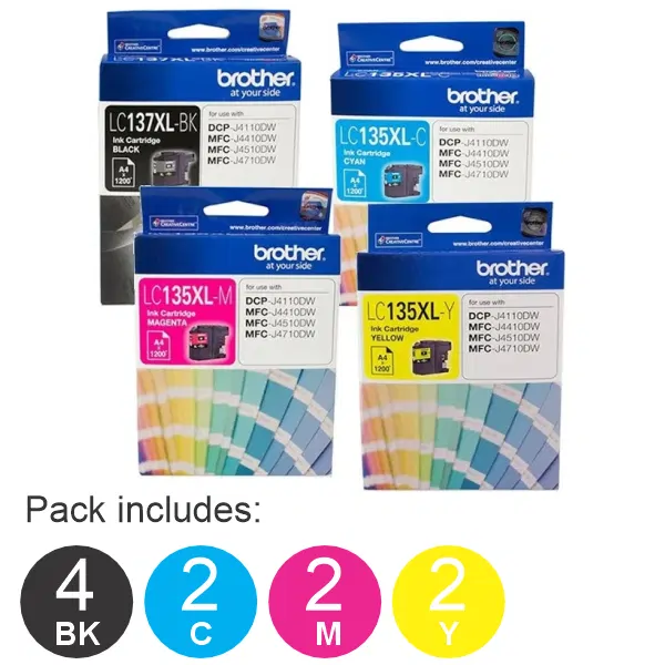 10 Pack – Brother LC137XL Black & LC135XL C/M/Y (4BK,2C,2M,2Y) High Yield Ink Cartridges