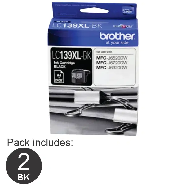 2 x Brother LC139XLBK High Yield Black Ink Cartridge LC-139XLBK