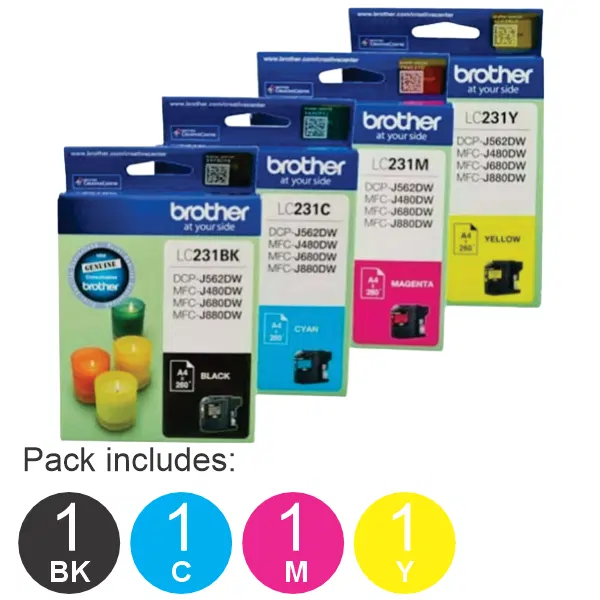 4 Pack – Brother LC231 (1BK,1C,1M,1Y) Ink Cartridges