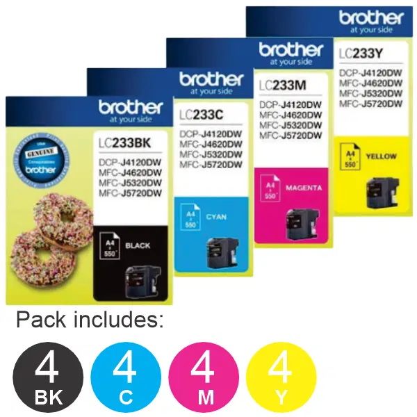 16 Pack – Brother LC233 (4BK,4C,4M,4Y) Ink Cartridges