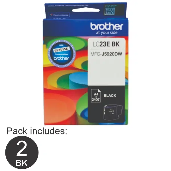 2 x Brother LC23EBK Black Ink Cartridge LC-23EBK