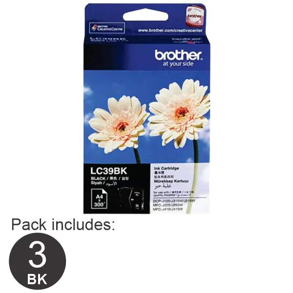 3 x Brother LC39BK Black Ink Cartridge LC-39BK