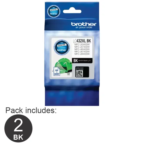 2 x Brother LC432XLBK High Yield Black Ink Cartridge LC-432XLBK