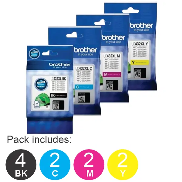 10 Pack – Brother LC432XL (4BK,2C,2M,2Y) Ink Cartridges