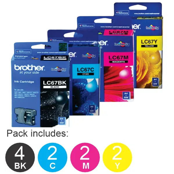 10 Pack – Brother LC67 (4BK,2C,2M,2Y) Ink Cartridges