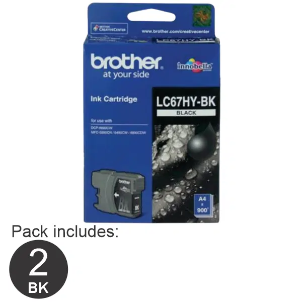 2 x Brother LC67HYBK Black High Yield Ink Cartridge LC-67HYBK