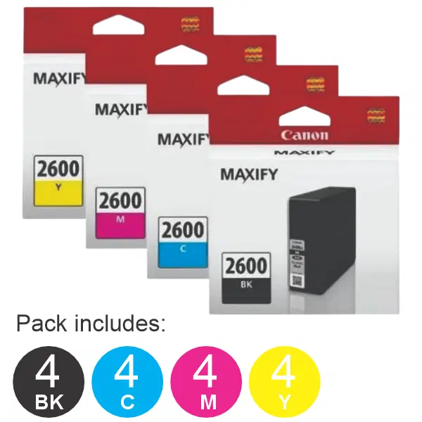 16 Pack – PGI2600 (4BK,4C,4M,4Y) Ink Cartridges