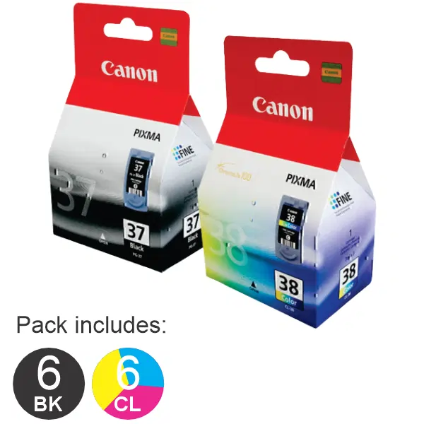 12 Pack – Canon 6 x PG37 & 6 x CL38 Ink Cartridges PG37 & CL38