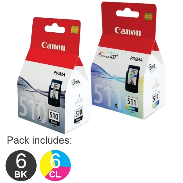 12 Pack – Canon 6 x PG510 & 6 x CL511 Ink Cartridges