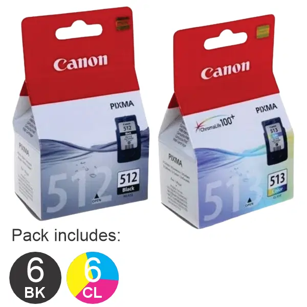 12 Pack – Canon 6 x PG512 & 6x CL513 High Yield Ink Cartridges