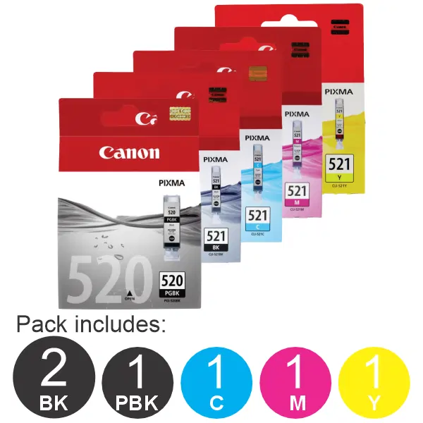 6 Pack – Canon PGI520 & CLI521 (2BK,1PBK,1C,1M,1Y) Ink Cartridges