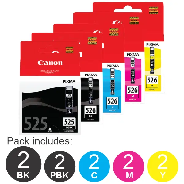 10 Pack – Canon PGI525 & CLI526 (2BK,2PBK,2C,2M,2Y) Ink Cartridges