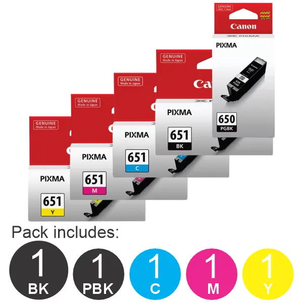 5 Pack – Canon PGI650 & CLI651 (1BK,1PBK,1C,1M,1Y) Ink Cartridges