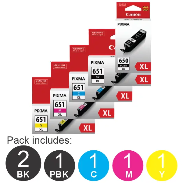 6 Pack – Canon PGI650XL & CLI651XL (2BK,1PBK,1C,1M,1Y) High Yield Ink Cartridges