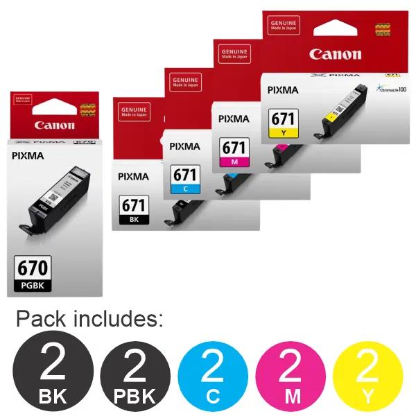 10 Pack – Canon PGI670 & CLI671 (2BK,2PBK,2C,2M,2Y) Ink Cartridges