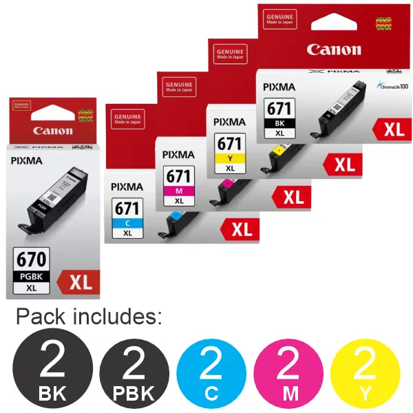 10 Pack – Canon PGI670XL & CLI671XL (2BK,2PBK,2C,2M,2Y) High Yield Ink Cartridges