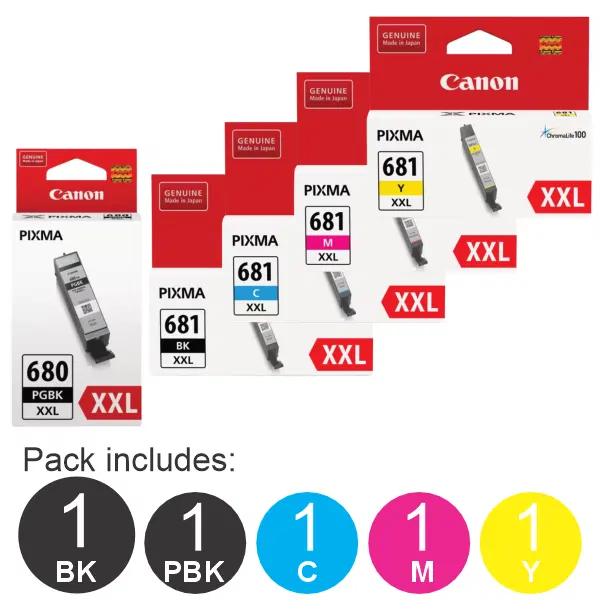 5 Pack – Canon PGI680XXL & CLI681XXL (1BK,1PBK,1C,1M,1Y) Extra High Yield Ink Cartridges