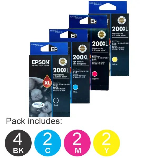 10 Pack – Epson 200XL (4BK,2C,2M,2Y) High Yield Ink Cartridges