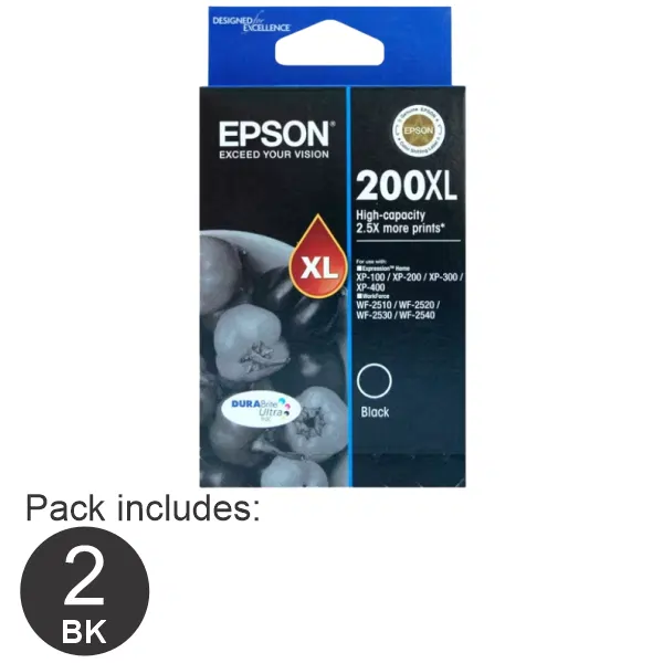 2 x Epson 200XL High Yield Black Ink Cartridge C13T201192