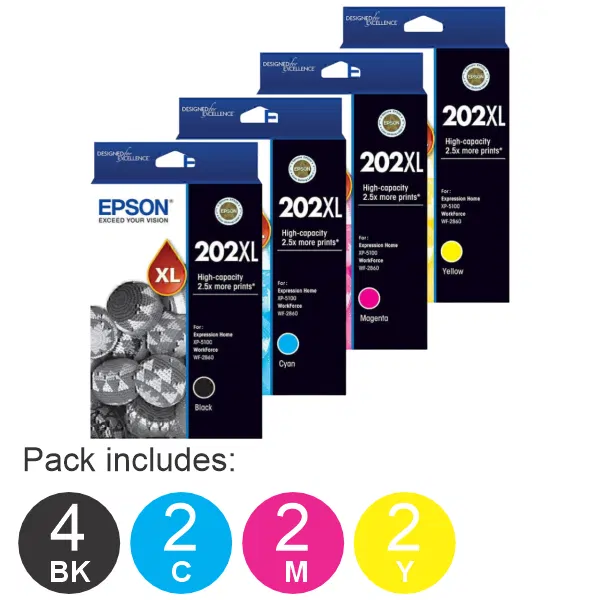 10 Pack – Epson 202XL (4BK,2C,2M,2Y) High Yield Ink Cartridges