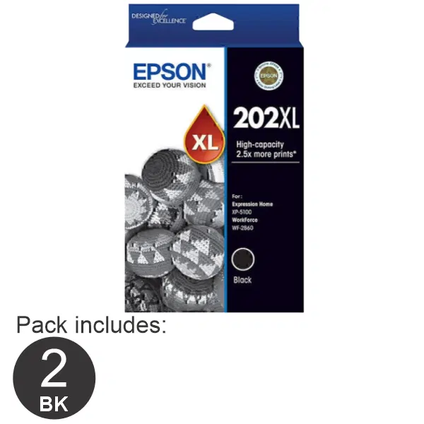 2 x Epson 202XL High Yield Black Ink Cartridge C13T02P192