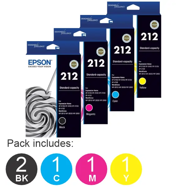 5 Pack – Epson 212 (2BK,1C,1M,1Y) Ink Cartridges