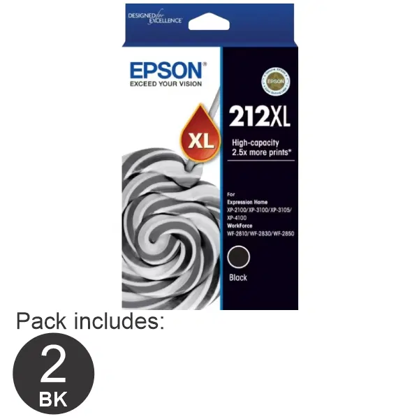 2 x Epson 212XL High Yield Black Ink Cartridge C13T02X192