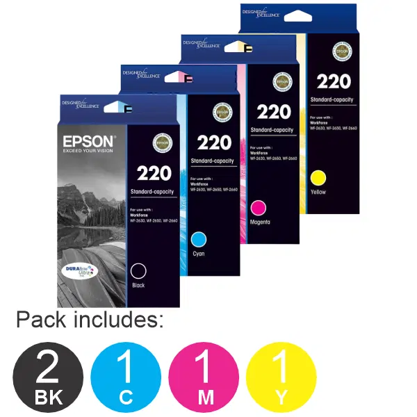 5 Pack – Epson 220 (2BK,1C,1M,1Y) Ink Cartridges