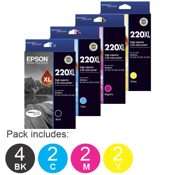 10 Pack – Epson 220XL (4BK,2C,2M,2Y) High Yield Ink Cartridges