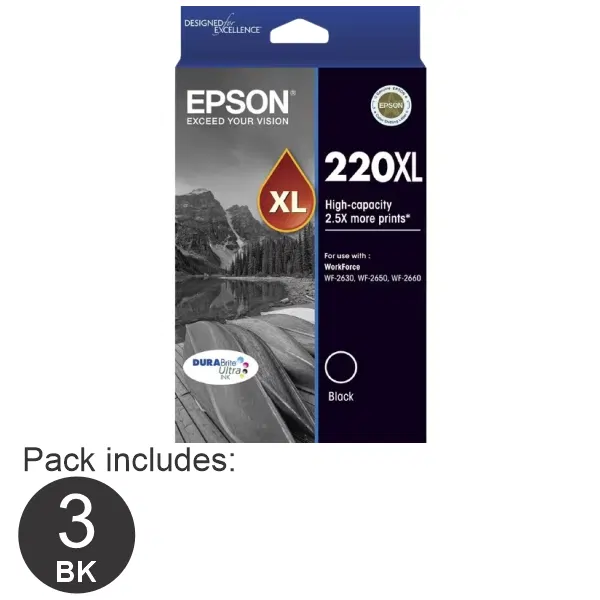 3 x Epson 220XL High Yield Black Ink Cartridge C13T294194