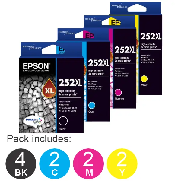 10 Pack – Epson 252XL (4BK,2C,2M,2Y) High Yield Ink Cartridges