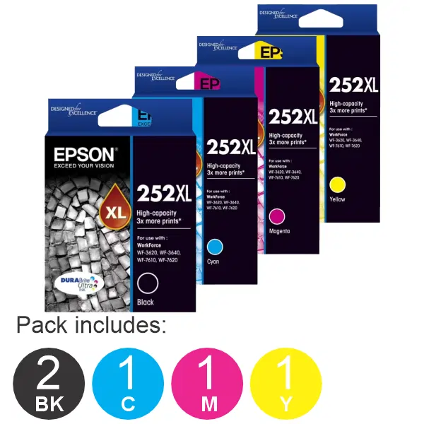 5 Pack – Epson 252XL (2BK,1C,1M,1Y) High Yield Ink Cartridges