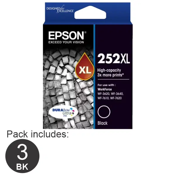 3 x Epson 252XL High Yield Black Ink Cartridge C13T253192