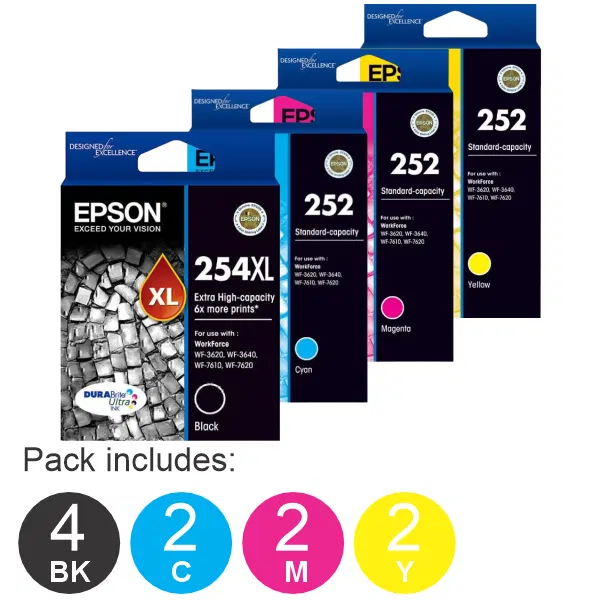 10 Pack – Epson 254XL & 252C/M/Y (4BK,2C,2M,2Y) Ink Cartridges