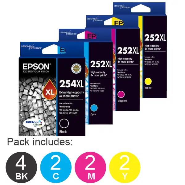 10 Pack – Epson 254XL & 252XLC/M/Y (4BK,2C,2M,2Y) Ink Cartridges