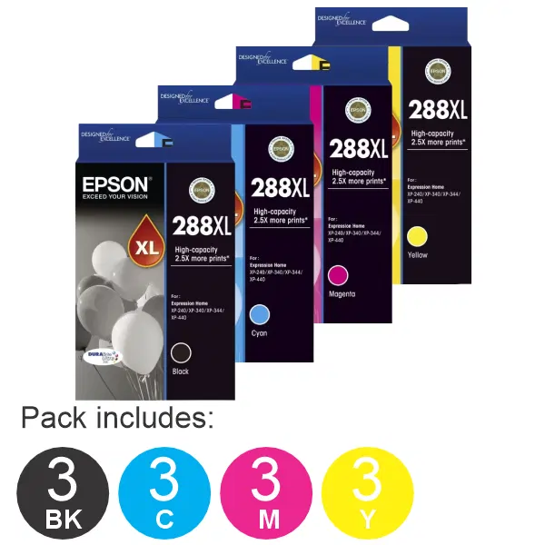 12 Pack – Epson 288XL (3BK,3C,3M,3Y) High Yield Ink Cartridges