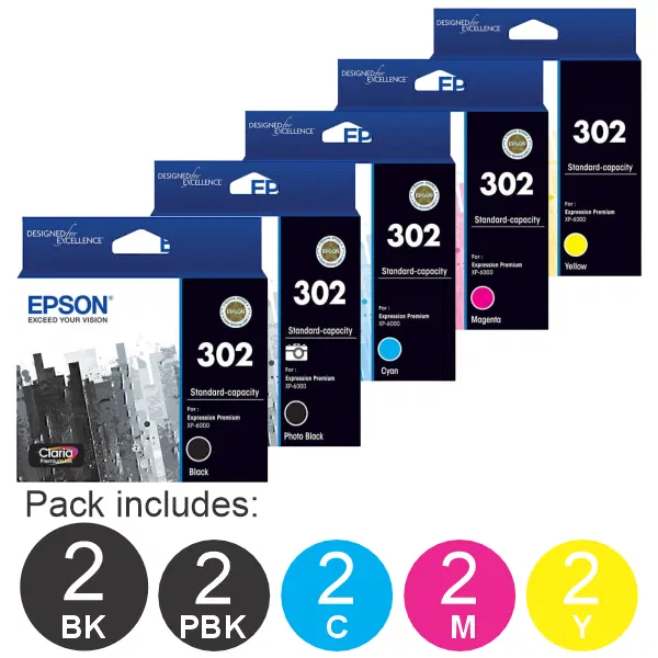 10 Pack – Epson 302 (2BK,2PBK,2C,2M,2Y) Ink Cartridges