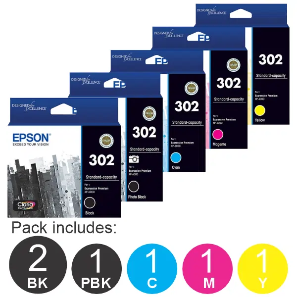 6 Pack – Epson 302 (2BK,1PBK,1C,1M,1Y) Ink Cartridges