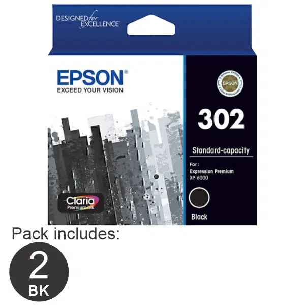 2 x Epson 302 Black Ink Cartridge C13T01V192