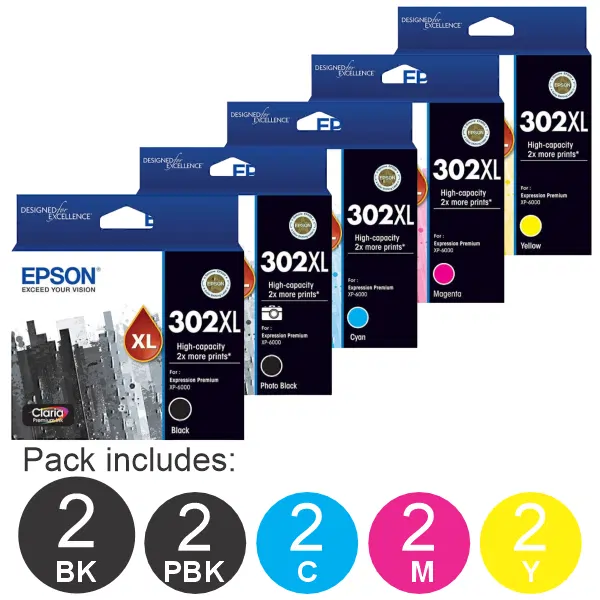 10 Pack – Epson 302XL (2BK,2PBK,2C,2M,2Y) High Yield Ink Cartridges