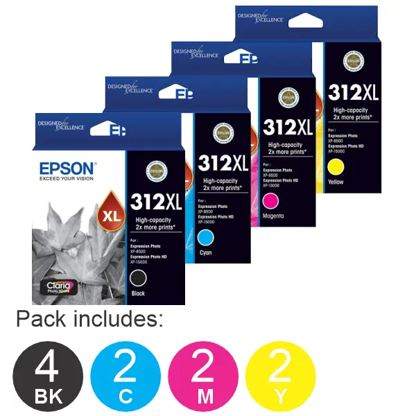 10 Pack – Epson 312XL (4BK,2C,2M,2Y) High Yield Ink Cartridges