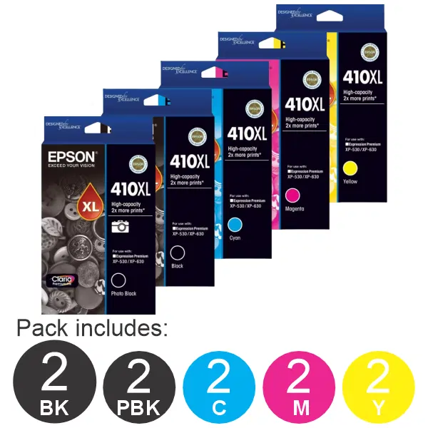 10 Pack – Epson 410XL (2BK,2PBK,2C,2M,2Y) High Yield Ink Cartridges