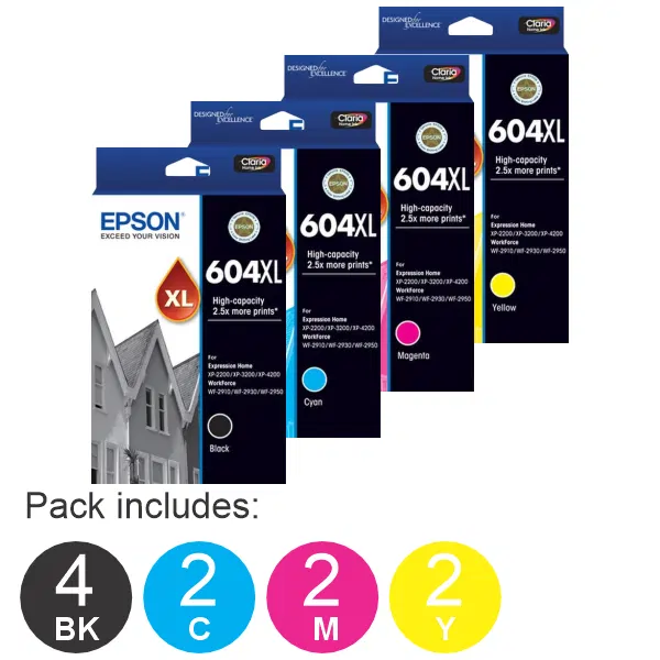 10 Pack – Epson 604XL (4BK,2C,2M,2Y) High Yield Ink Cartridges