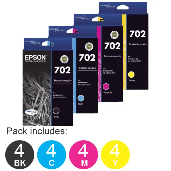 16 Pack – Epson 702 (4BK,4C,4M,4Y) Ink Cartridges