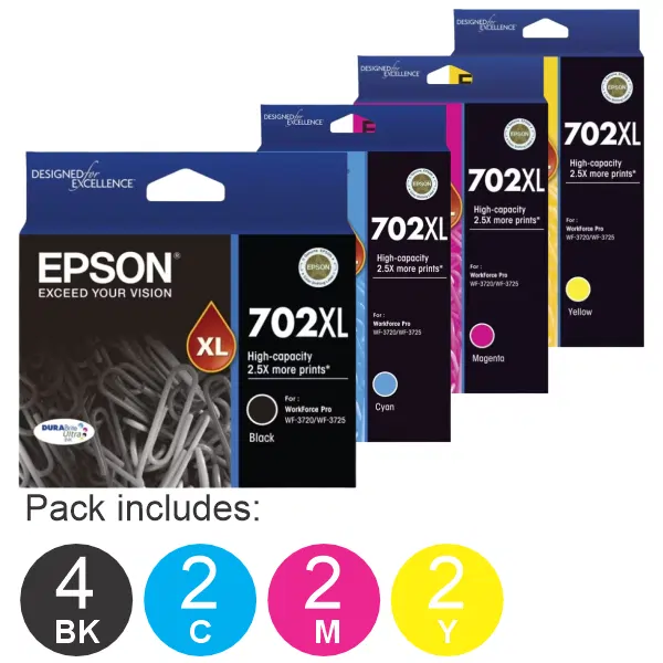 10 Pack – Epson 702XL (4BK,2C,2M,2Y) High Yield Ink Cartridges