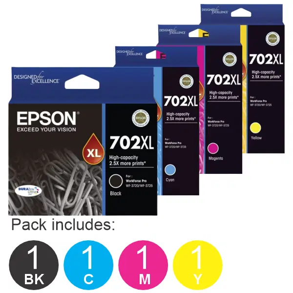 4 Pack – Epson 702XL (1BK,1C,1M,1Y) High Yield Ink Cartridges