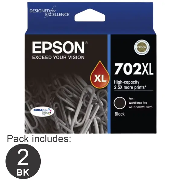 2 x Epson 702XL High Yield Black Ink Cartridge C13T345192