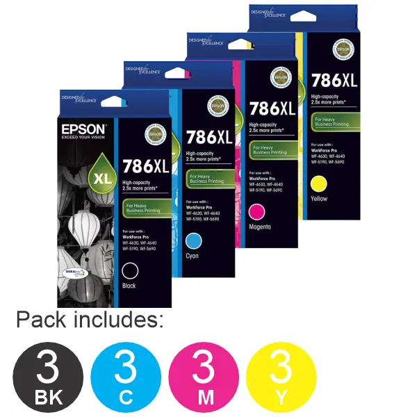 12 Pack – Epson 786XL (3BK,3C,3M,3Y) High Yield Ink Cartridges