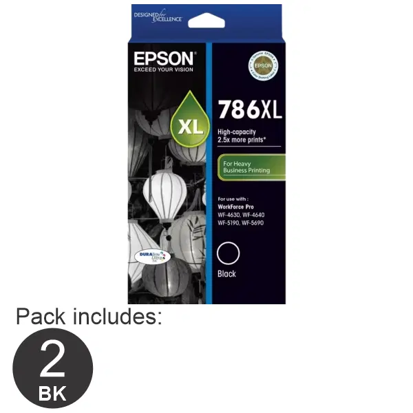 2 x Epson 786XL High Yield Black Ink Cartridge C13T787192